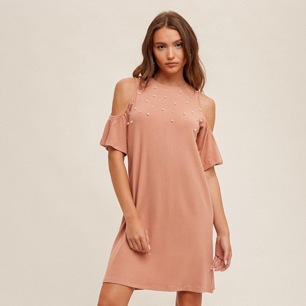 HEM & THREAD Blush Pink Pearl Cold Shoulder Dress Ruffle Sleeve Embellished